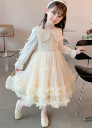 Chic Champagne Embroideried Patchwork Nail bead Tulle Girls Holiday Maxi Dress Fall