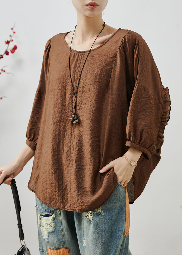 Chic Chocolate Ruffles Cotton Loose Tops Batwing Sleeve