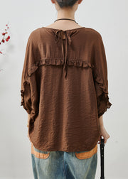 Chic Chocolate Ruffles Cotton Loose Tops Batwing Sleeve