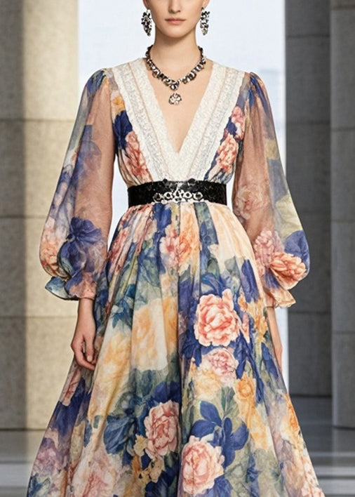 Chic Cinched Flower Print Chiffon Holiday Dress Fall