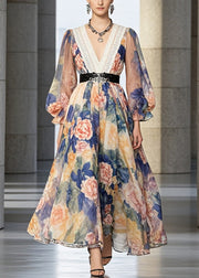 Chic Cinched Flower Print Chiffon Holiday Dress Fall