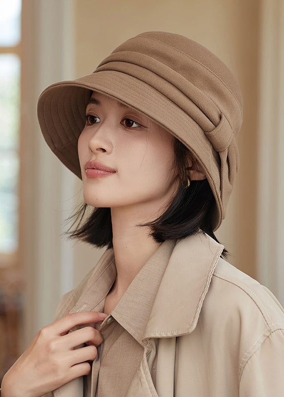 Chic Classy Khaki Bow Wrinkled Bucket Hat