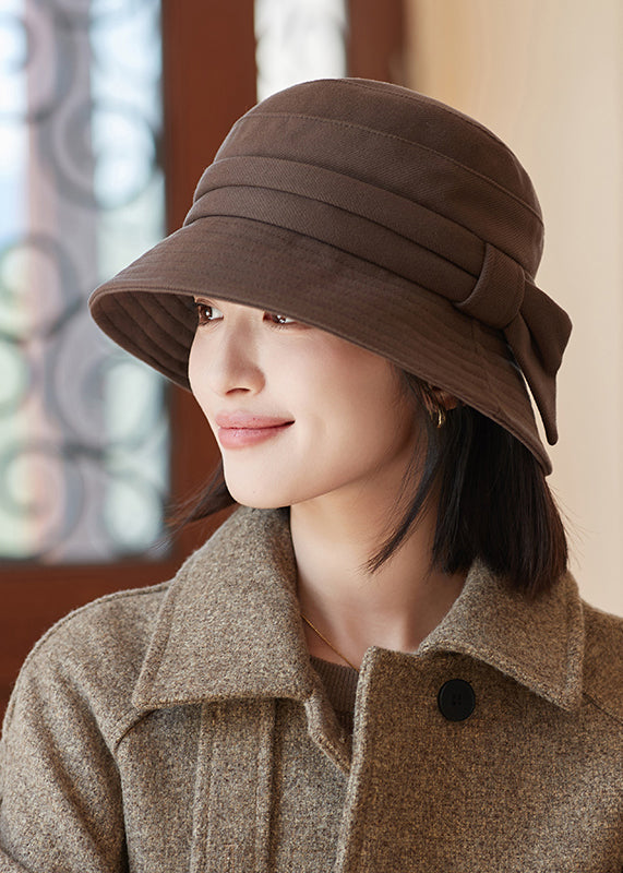 Chic Classy Khaki Bow Wrinkled Bucket Hat