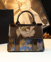 Chic Coffee Blue Phoenix Embroideried Calf Leather Tote Handbag