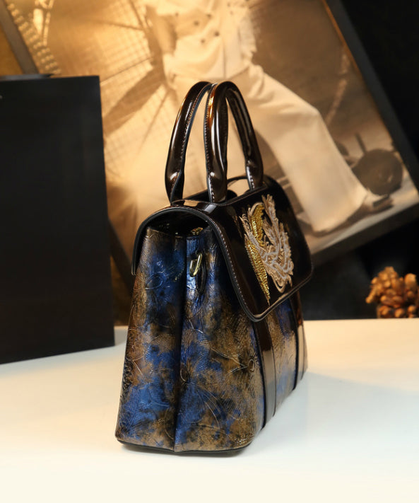 Chic Coffee Blue Phoenix Embroideried Calf Leather Tote Handbag