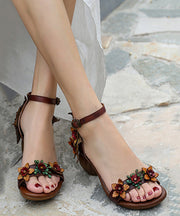 Chic Coffee Cowhide Leather Flower Peep Toe Buckle Strap High Heel Sandals