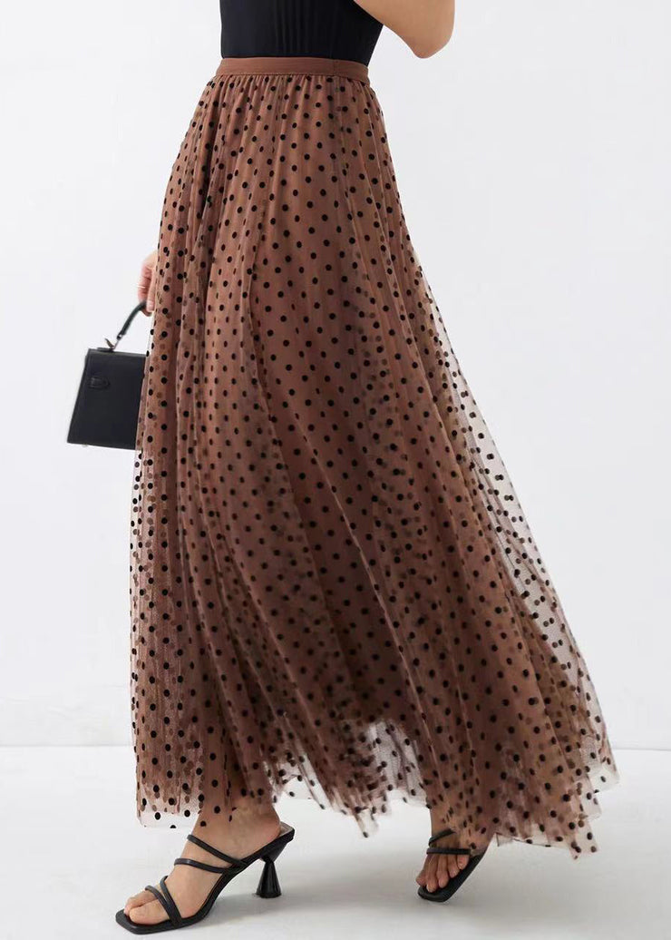 Chic Coffee Dot Wrinkled High Waist Tulle Skirt Spring