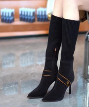 Chic Coffee Elastic Knitting Splicing Faux Leather Heel Boots