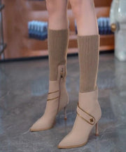 Chic Coffee Elastic Knitting Splicing Faux Leather Heel Boots