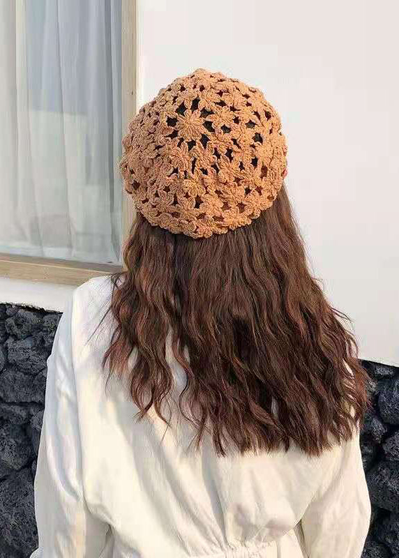 Chic Coffee Flower Hollow Out Knit Beret Hat