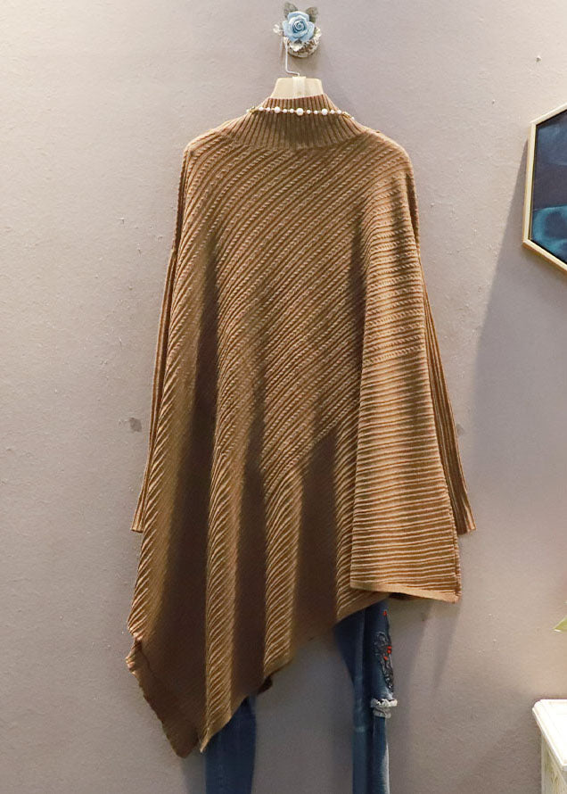 Chic Coffee High Neck Asymmetrical Exra Large Hem Knit Sweater Spring