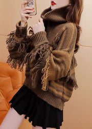 Chic Coffee High Neck Zippered Patchwork Tassel Knit Pullover Winter