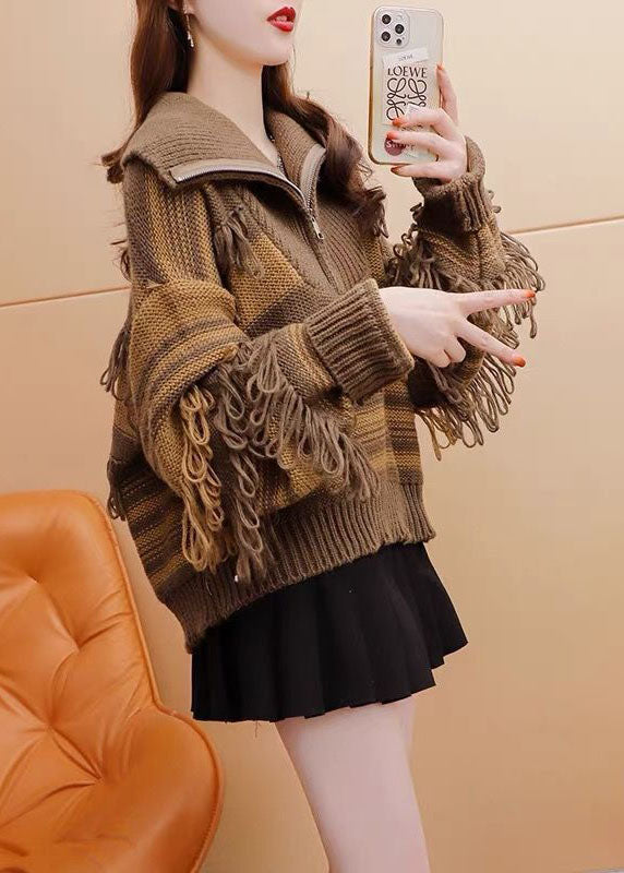 Chic Coffee High Neck Zippered Patchwork Tassel Knit Pullover Winter