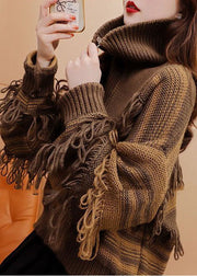 Chic Coffee High Neck Zippered Patchwork Tassel Knit Pullover Winter