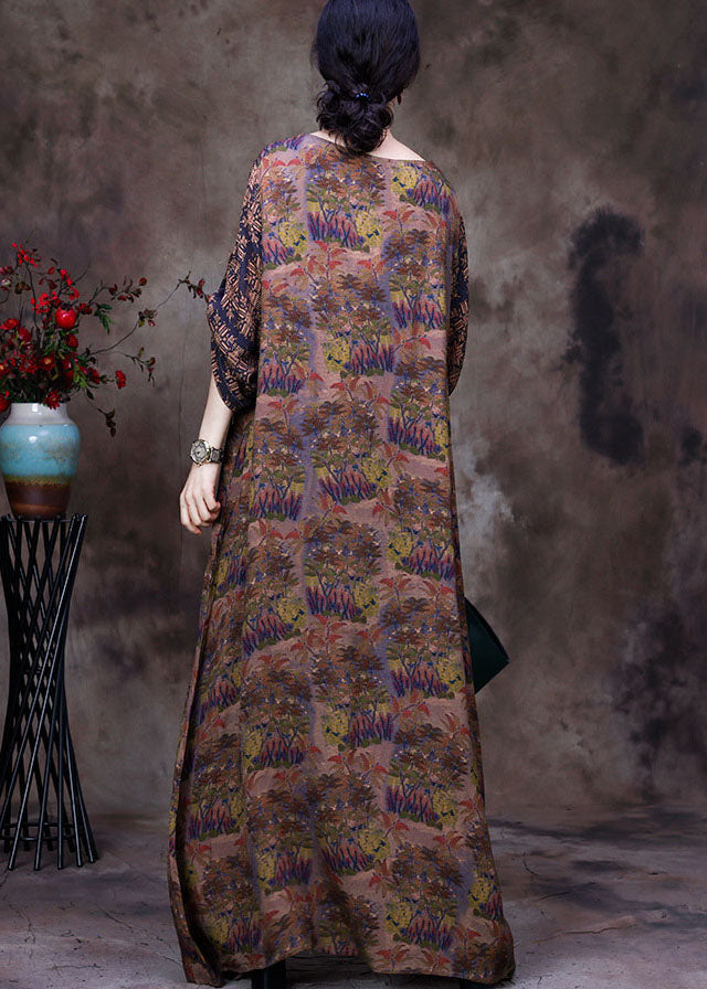 Chic Coffee O-Neck Lace Patchwork Print Silk Dresses Long Sleeve