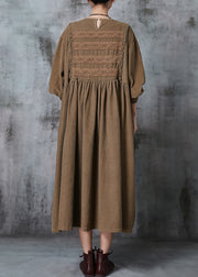Chic Coffee Oversized Patchwork Lace Corduroy Long Dress Spring