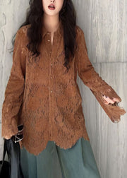 Chic Coffee Peter Pan Collar Button Lace Shirt Flare Sleeve