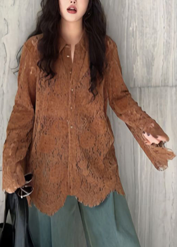 Chic Coffee Peter Pan Collar Button Lace Shirt Flare Sleeve
