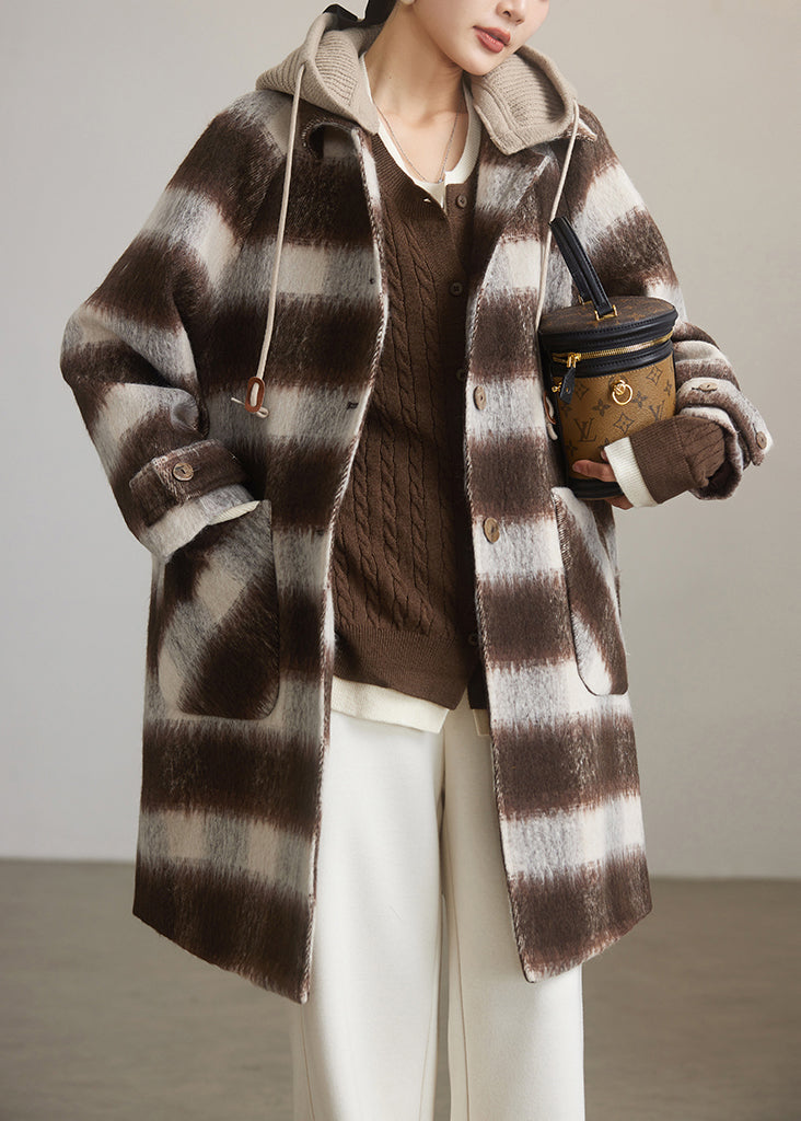 Chic Coffee Plaid Hooded Patchwork Woolen Coats Spring