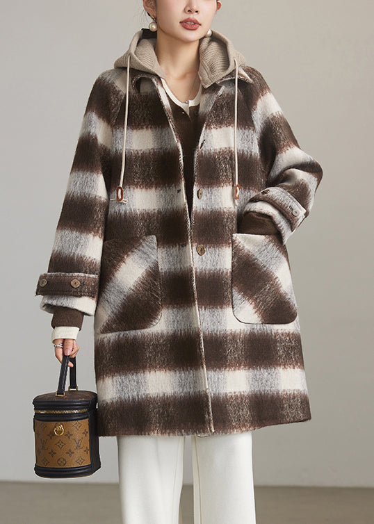 Chic Coffee Plaid Hooded Patchwork Woolen Coats Spring