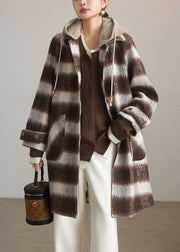 Chic Coffee Plaid Hooded Patchwork Woolen Coats Spring