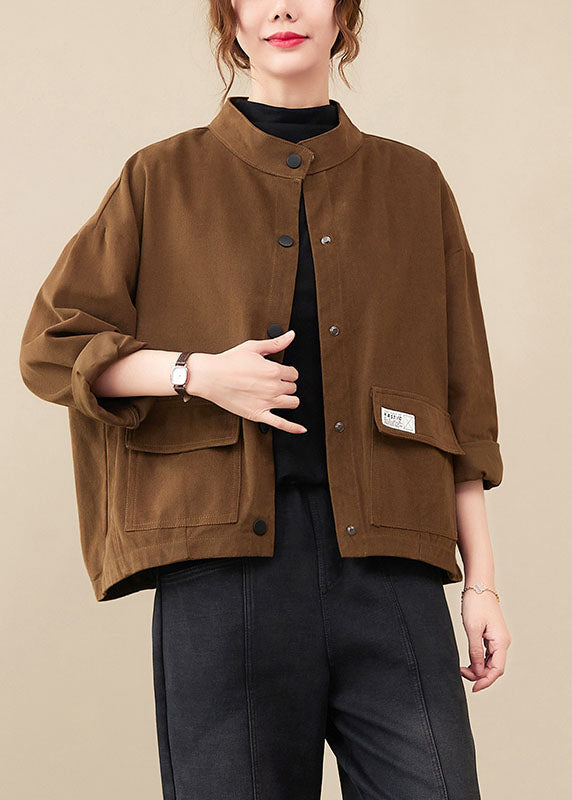 Chic Coffee Pockets Patchwork Button Coats Fall