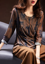 Chic Coffee Print Asymmetrical Wrinkled Top Long Sleeve