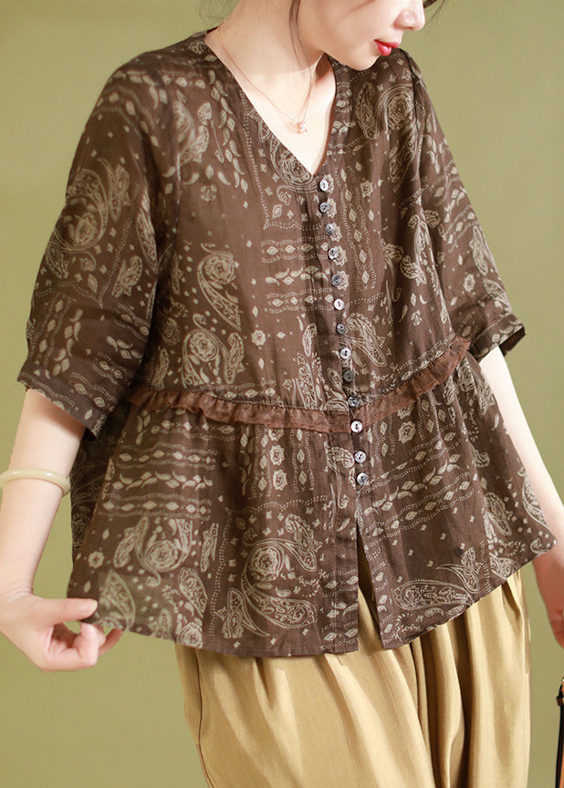 Chic Coffee Print Ruffled Patchwork Linen Shirts Summer