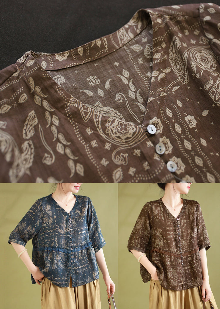 Chic Coffee Print Ruffled Patchwork Linen Shirts Summer