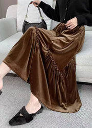 Chic Coffee Ruffled Patchwork Elastic Waist Velour Skirt Spring