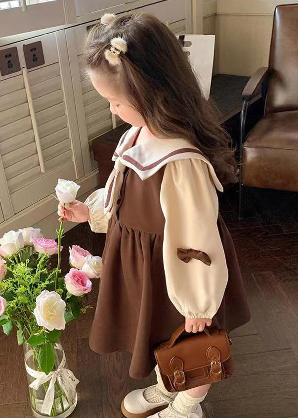 Chic Coffee Sailor Collar Patchwork Cotton Girls Dresses Long Sleeve