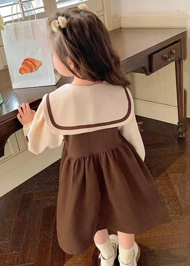 Chic Coffee Sailor Collar Patchwork Cotton Girls Dresses Long Sleeve