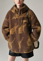 Chic Coffee Stand Collar Drawstring Print Woolen Coat Winter