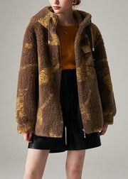 Chic Coffee Stand Collar Drawstring Print Woolen Coat Winter