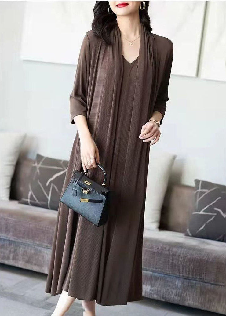 Chic Coffee V Neck Patchwork False Two Pieces Silk Long Dress Spring