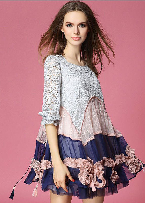 Chic Colorblock Asymmetrical Design Patchwork Lace Vacation Dress Half Sleeve