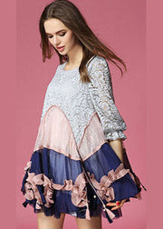 Chic Colorblock Asymmetrical Design Patchwork Lace Vacation Dress Half Sleeve