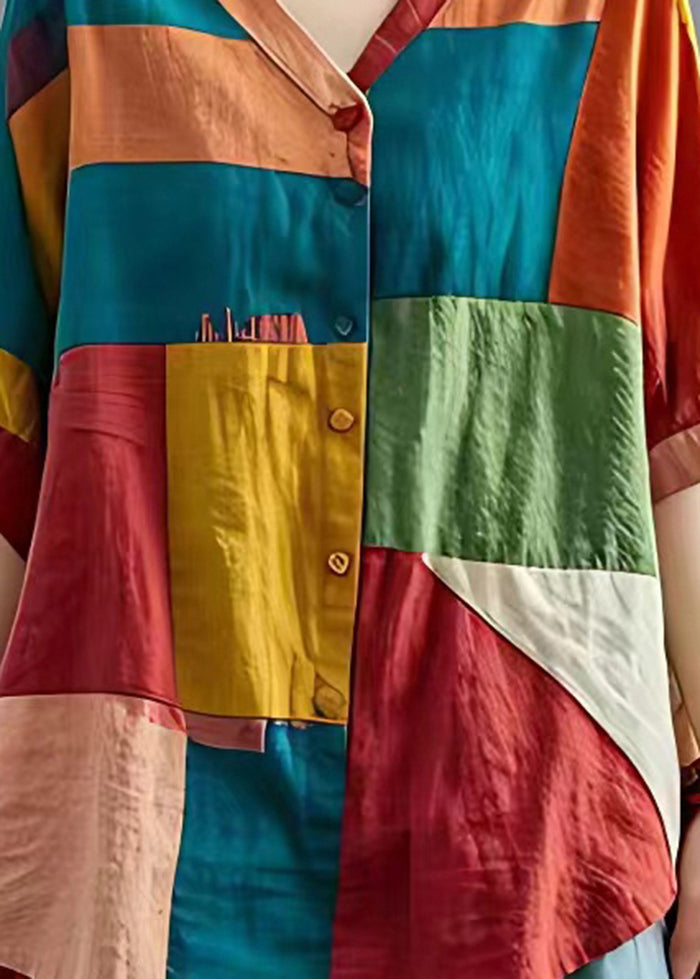 Chic Colorblock Asymmetrical Patchwork Applique Linen Shirt Top Summer