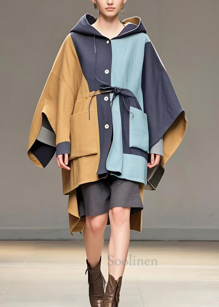 Chic Colorblock Asymmetrical Patchwork Cotton Hooded Trench Spring