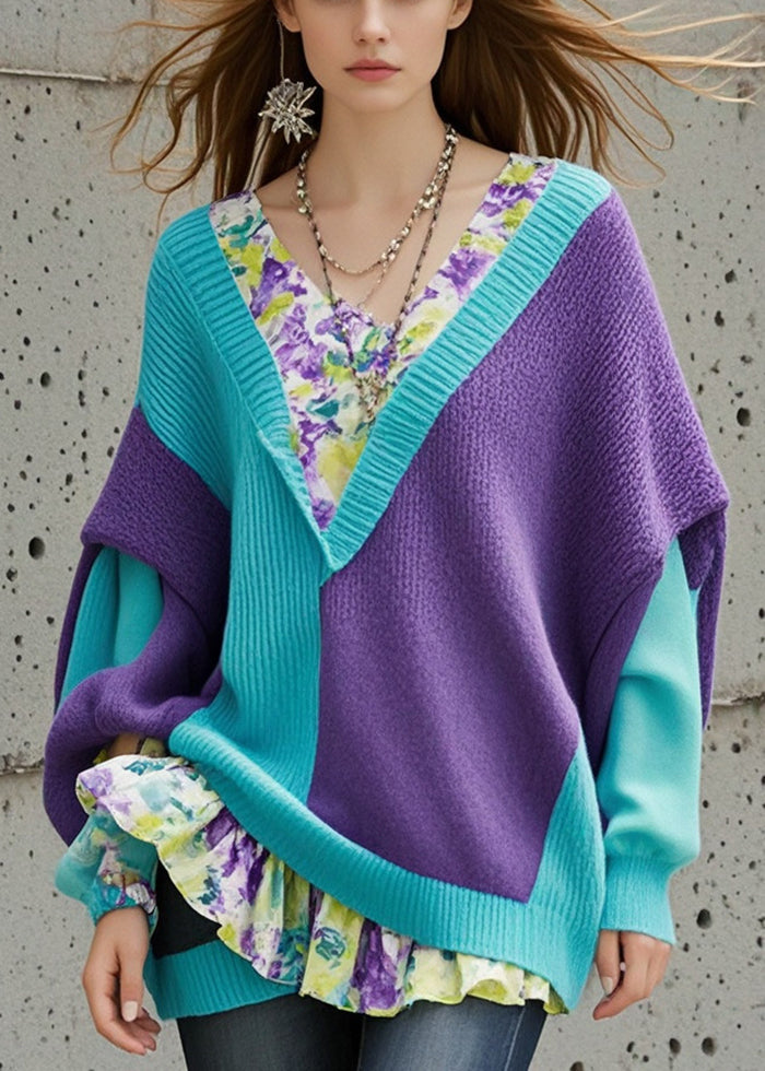 Chic Colorblock Asymmetrical Patchwork Knit Sweater Tops Fall