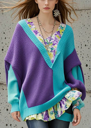 Chic Colorblock Asymmetrical Patchwork Knit Sweater Tops Fall