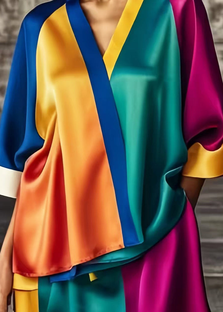 Chic Colorblock Asymmetrical Patchwork Low High Design Silk Dress Summer