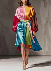 Chic Colorblock Cinched Patchwork Silk Work Dress Spring