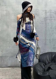 Chic Colorblock Cold Shoulder Print Cotton Dress Long Sleeve