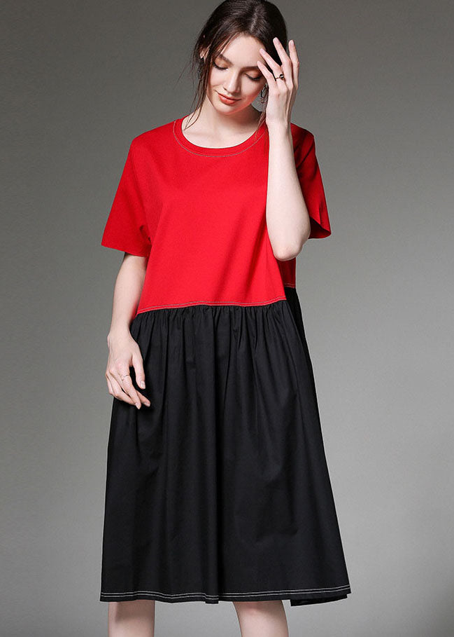 Chic Colorblock O Neck Patchwork Cotton Dress Half Sleeve