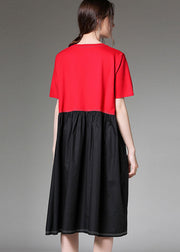 Chic Colorblock O Neck Patchwork Cotton Dress Half Sleeve