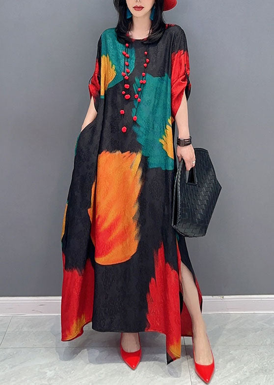 Chic Colorblock O Neck Print Patchwork Cotton Maxi Dress Spring