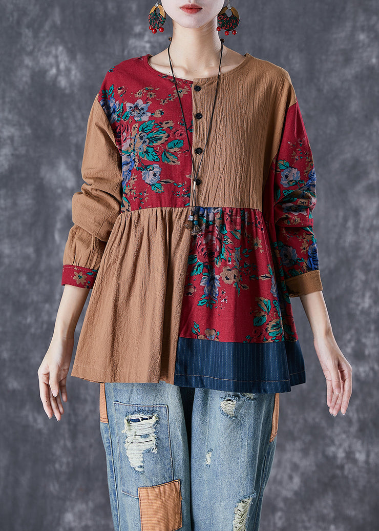 Chic Colorblock Oversized Patchwork Linen Top Fall