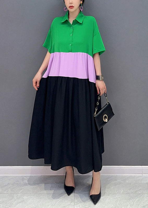 Chic Colorblock Peter Pan Collar Patchwork Cotton A Line Dress Short Sleeve