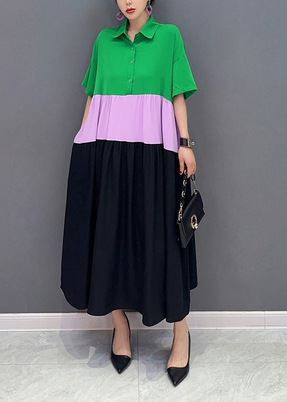 Chic Colorblock Peter Pan Collar Patchwork Cotton A Line Dress Short Sleeve